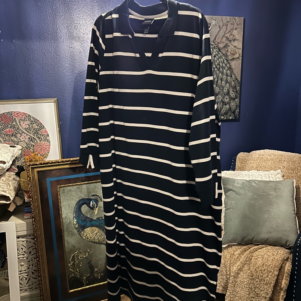 Ulla Popken Navy and White Striped Long Sleeve Dress